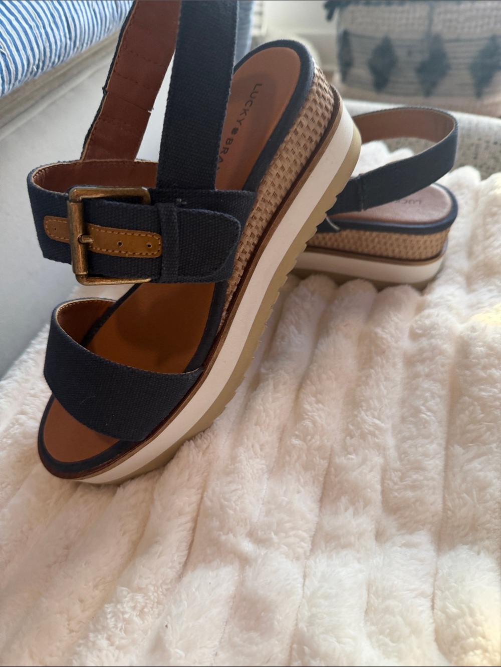 Lucky Brand Navy and Tan Woven Platform Slingback Sandals